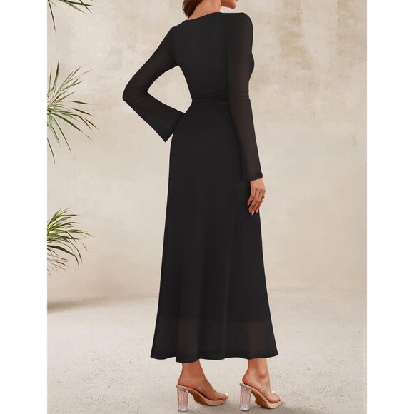 Zesica Women's Solid BlackRuched Mesh Long Sleeve Floral Cocktail Bodycon Dress - Picture 4 of 6